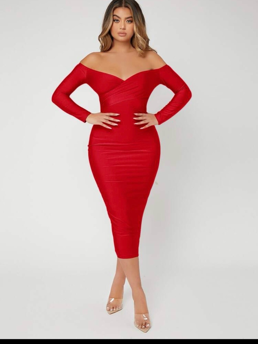 Red Off-Shoulder Bodycon Midi Dress size S